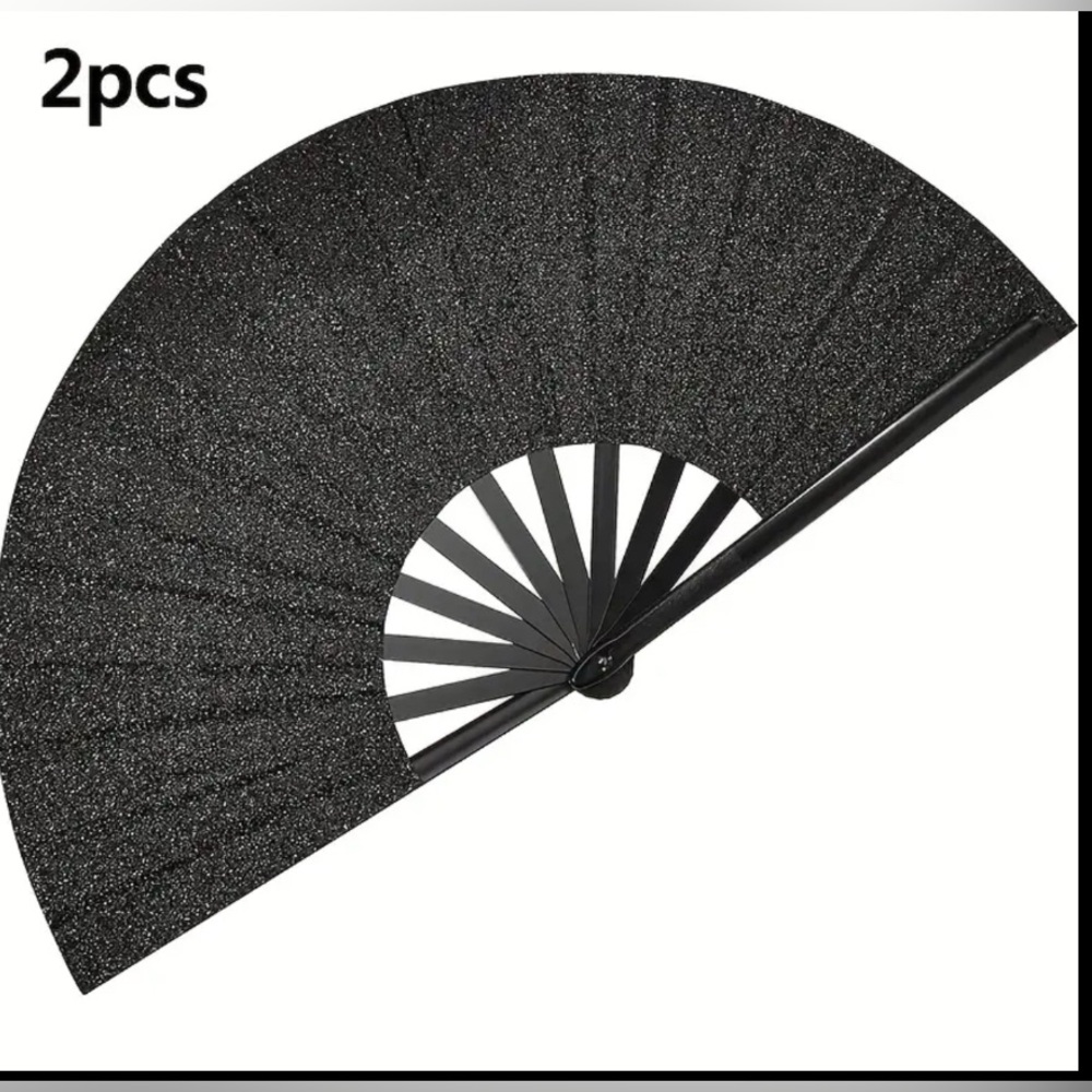 🪭Black FAN BUNDLE🪭 2 Black Shiny Powder Folding Fan, Large Size DANCE💃🏻 Fan.